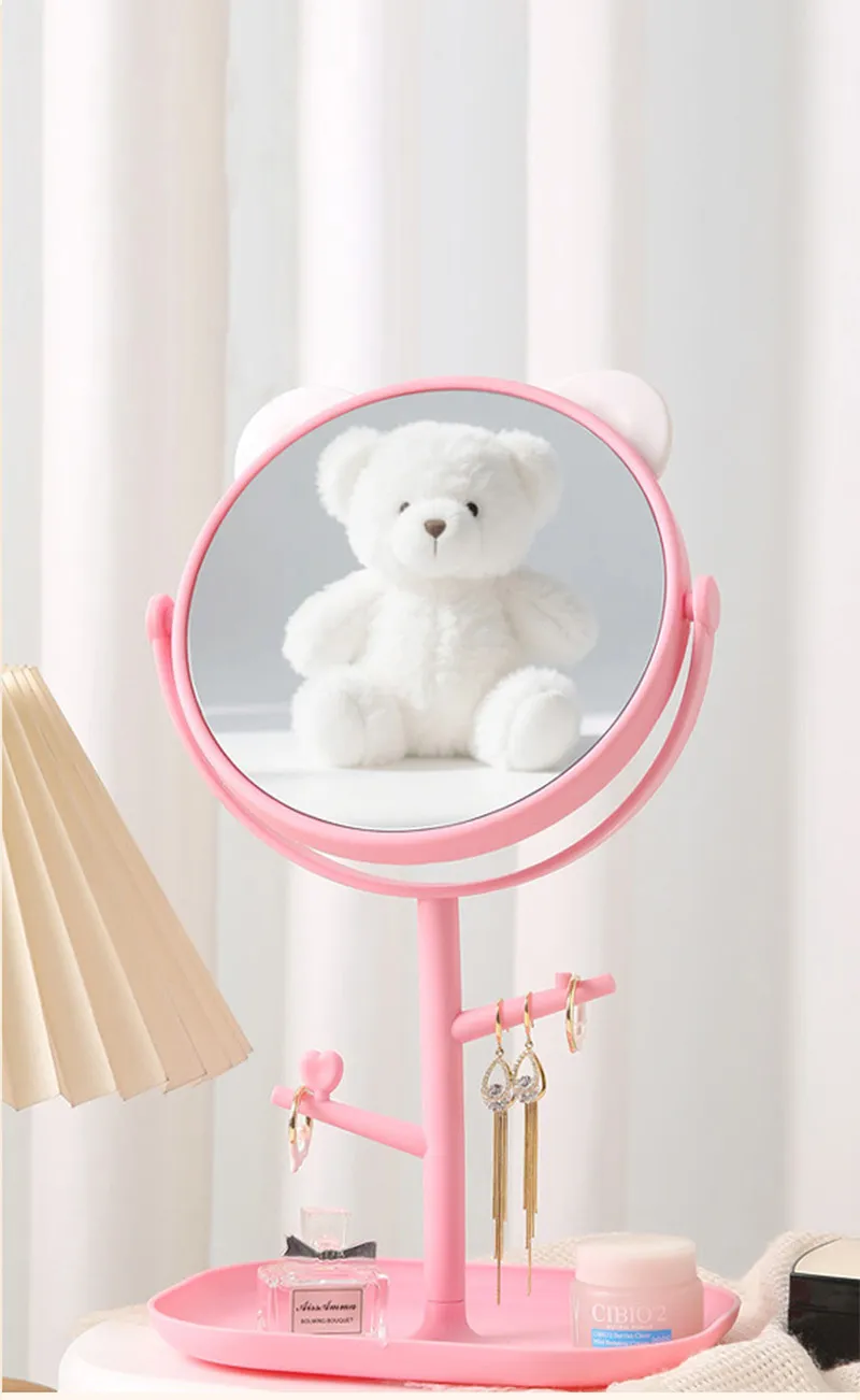 HD Desktop Makeup Mirror for Home, Suitable for Table Use, Student Dorm, INS Style Bear Ear Stand, Round Mirror White-1
